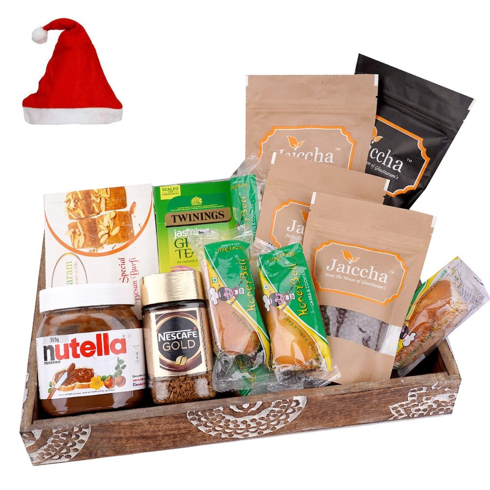 Jaiccha Ghasitaram Christmas Gifts Wooden Tray Hamper with Besan Barfis