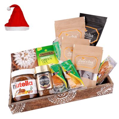 Jaiccha Ghasitaram Christmas Gifts Wooden Tray Hamper with Kaju Katlis