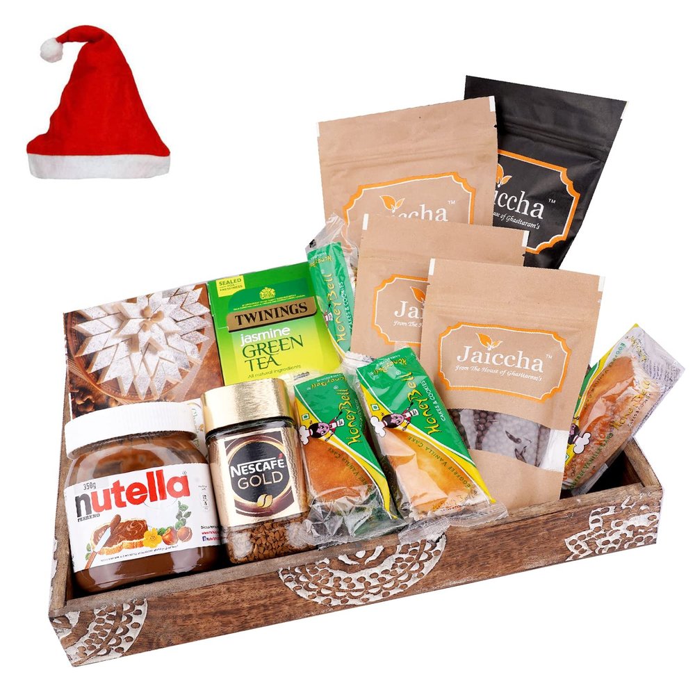 Jaiccha Ghasitaram Christmas Gifts Wooden Tray Hamper with Kaju Katlis