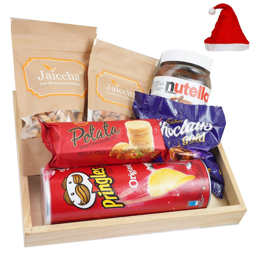 Jaiccha Ghasitaram Christmas Gifts Light Wood Tray of Almonds,Hazelnut Chocolate Spread, Butter Chakli, Toffees, Potata and Potato Chips