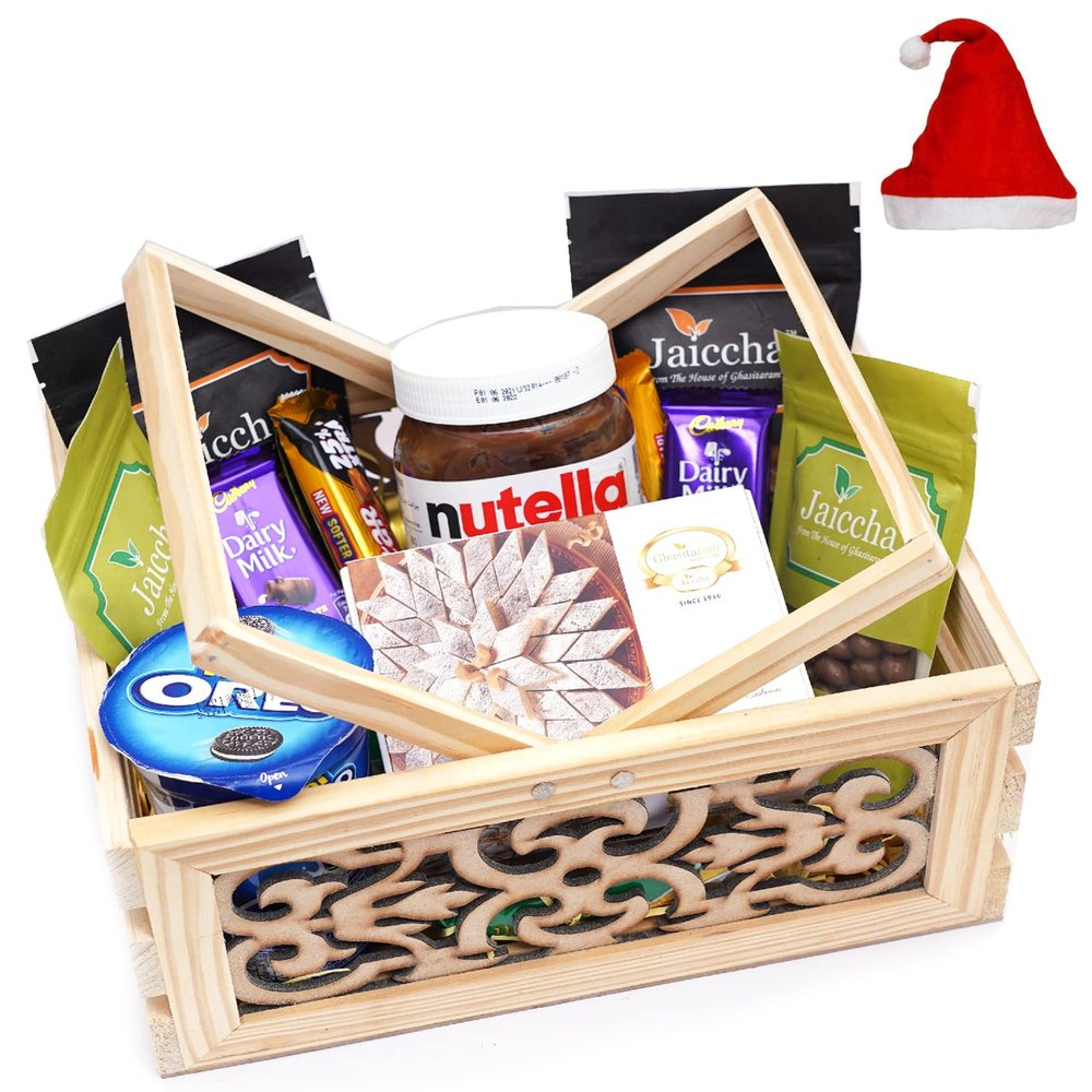 Jaiccha Ghasitaram Christmas Gifts Wooden Laser Handle Basket of 11 Goodies with Kaju Katlis