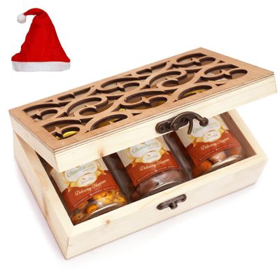 Ghasitaram Gifts Christmas Gifts Natural Wood Carving Box with Chocolate Coated Cashews, Crunchy Cashews and Garlic Cashews