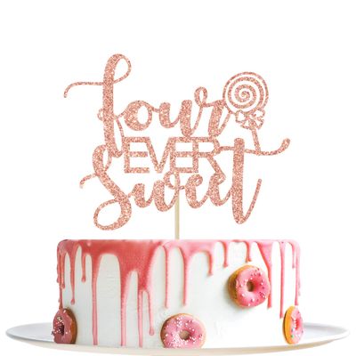 Four Ever Sweet Cake Topper - Happy 4th Birthday, 4th Anniversary, Cheers to 4 Years, Donut Fourth Birthday Party Decorations (Rose Gold Glitter)