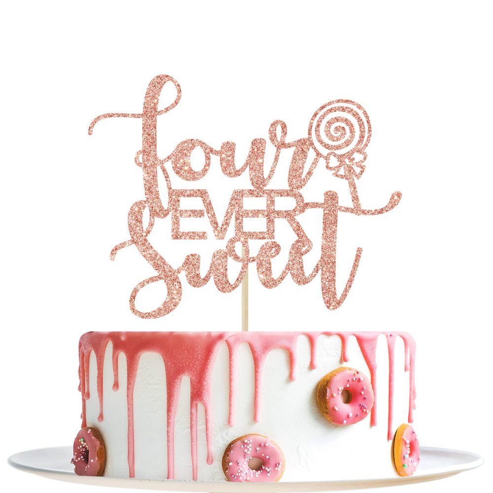 Four Ever Sweet Cake Topper - Happy 4th Birthday, 4th Anniversary, Cheers to 4 Years, Donut Fourth Birthday Party Decorations (Rose Gold Glitter)