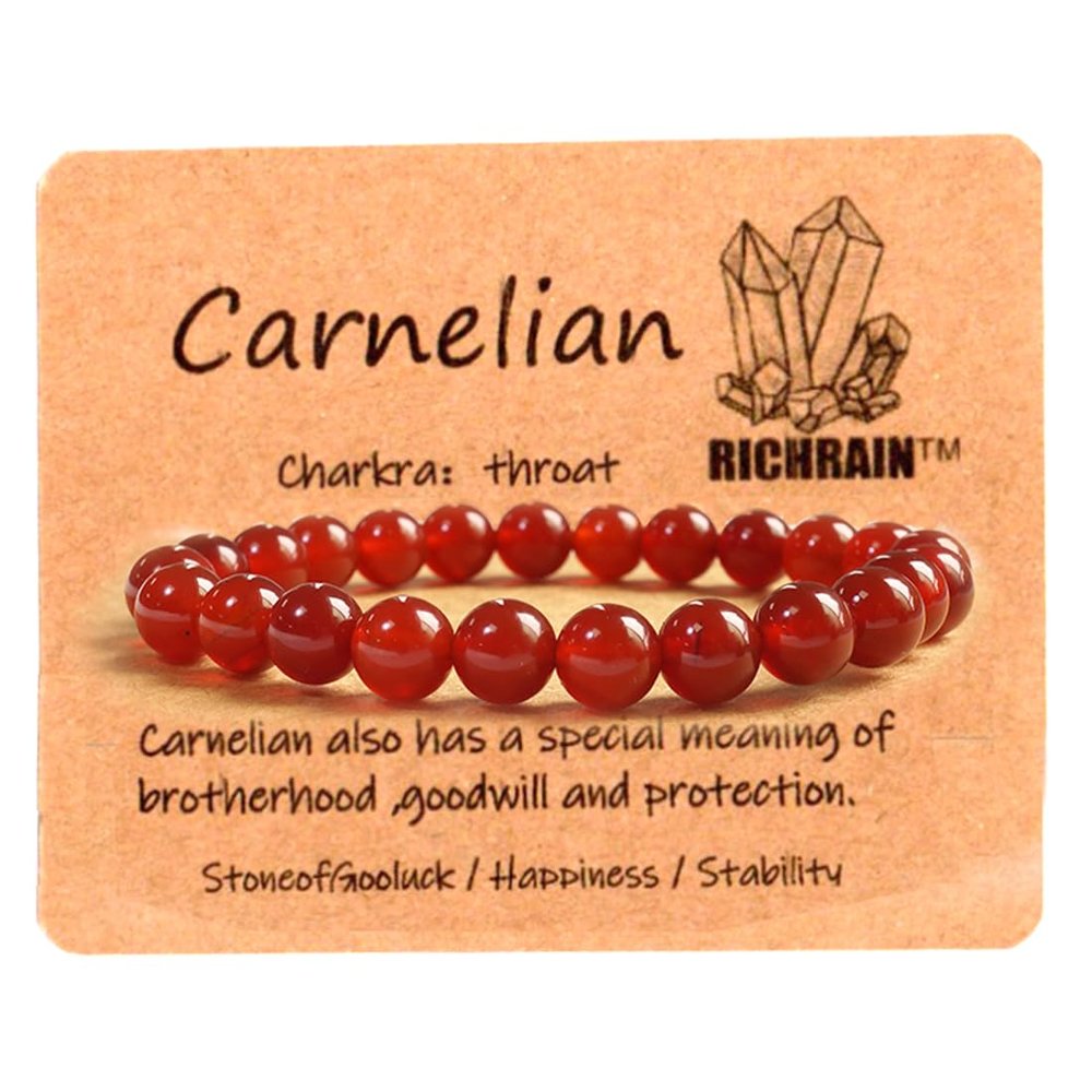 RICHRAIN Natural Stone Bracelet, Carnelian Round Pearl 8 mm (Red 8mm)