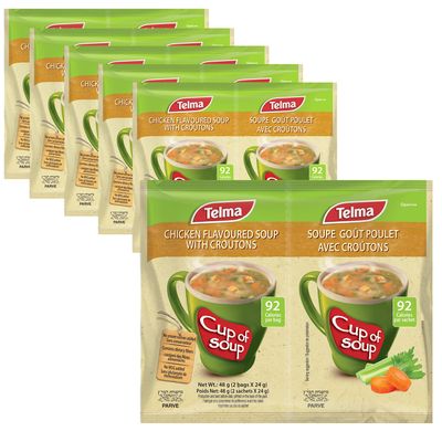 Telma Chicken Flavoured Soup with Croutons  6 Pack (12 Sachets x 24 grams)  Instant Cup of Soup  92 Calories  No Preservatives  Kosher Parve  Quick & Easy Meal or Snack  Savoury & Tasty