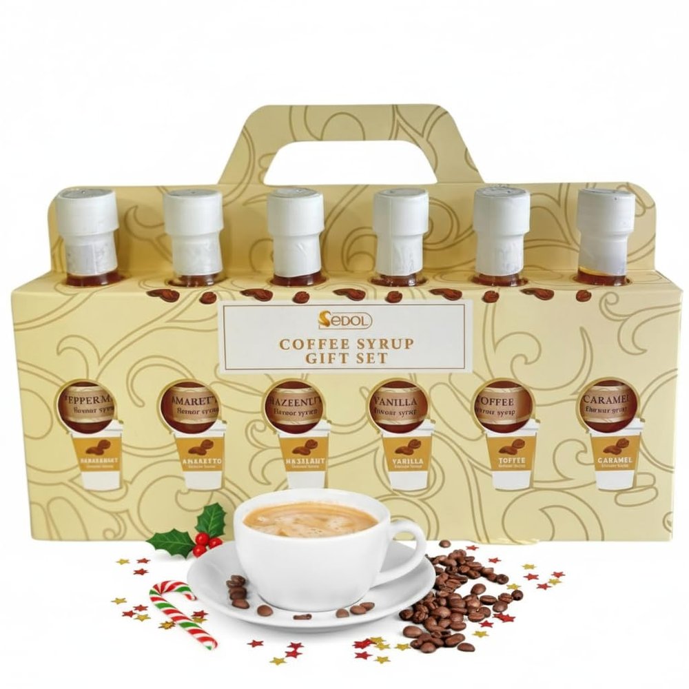 Luxury Coffee Syrup Gift Set  6 Flavoured Coffee Syrups in Festive Gift Box  Christmas Hamper for Women & Men  Coffee Gift Set with Caramel, Vanilla, Hazelnut, Amaretto & Peppermint Syrups