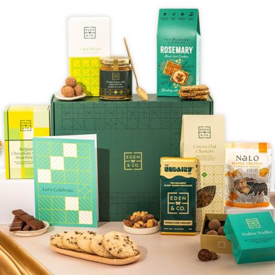 Celebration Vegan Hamper Gift Basket, Luxury Gourmet Gifts for Women, Men, Couples, with Vegan Chocolate by EDEN & CO