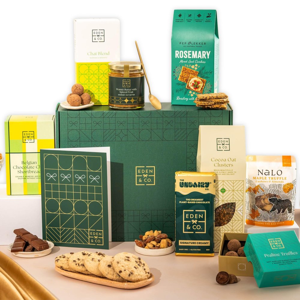 Luxury Vegan Hamper Gift Basket, Luxury Gourmet Gifts for Women, Men, Couples, with Vegan Chocolate by EDEN & CO