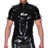 Latex Shirt With Buttons At Front Turn Down Collar Short Sleeves D Rings Rubber Top Clothing,blue,XS view 3