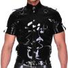 Latex Shirt With Buttons At Front Turn Down Collar Short Sleeves D Rings Rubber Top Clothing,blue,XS view 4