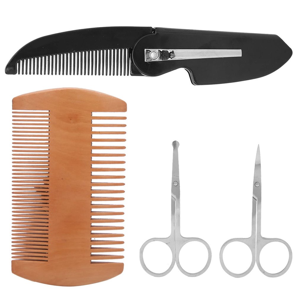 Beard Comb, Beard Comb Mustache Scissors Men's Beard Shaping Styling Kits 4in1 Fordable Trimming Comb Beard Shaper Comb Kit for Home for Salon