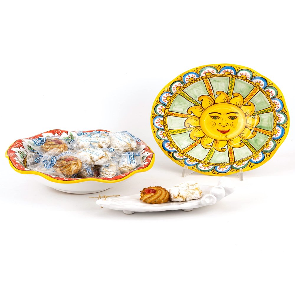 Ceramiche Azzaro & Romano Caltagirone Centerpiece with Sun in Sicilian Cart Style and Almond Paste