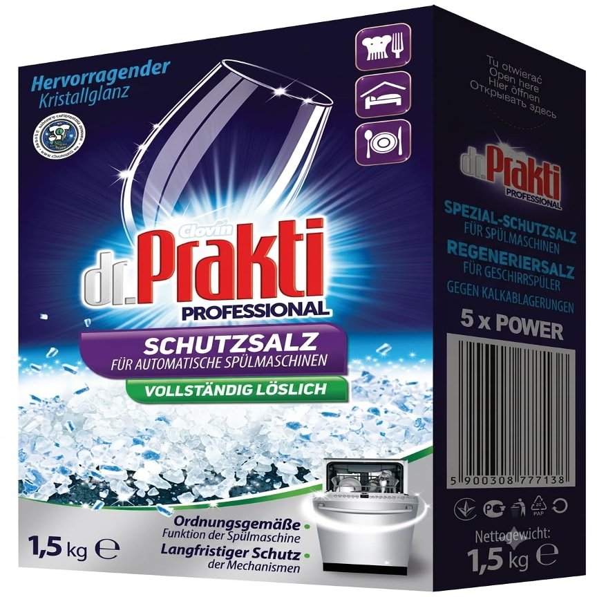 dr.Prakti Dishwasher Salt - Softens water and effectively prevents limescale in the dishwasher and on dishes, 1.5 kg