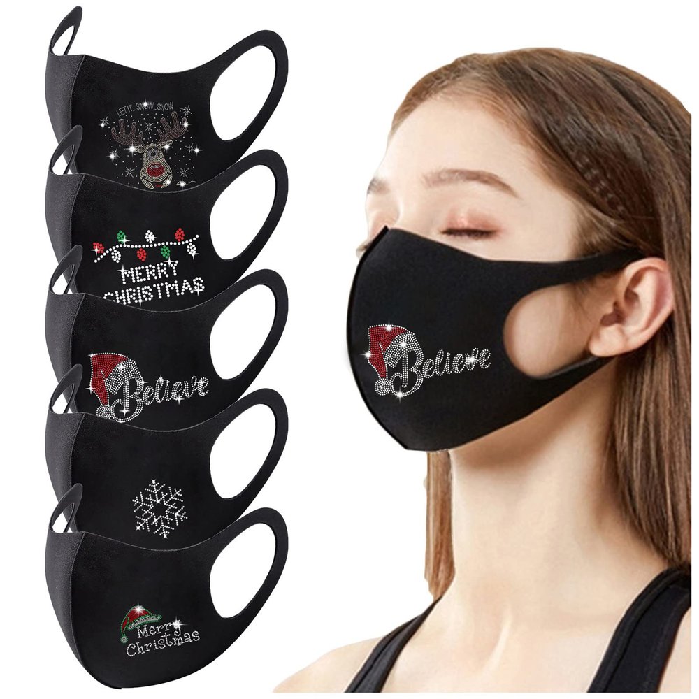 5PCS Unisex Adult Protective_Cover_Mask_Face For Christmas Colorful Washable Reusable Ice Silk Sequins Rhinestone Design (E)
