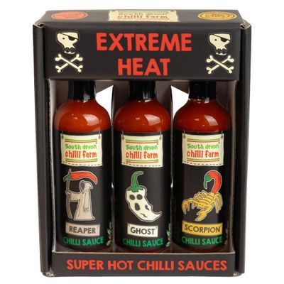 South Devon Chilli Farm Super Sauce Gift Set (3 x 50ml) - 3 Bottles of Our Super Spicy Range - Extreme Hot Sauce - Uses Ghost, Scorpion & Reaper Peppers - Maxium Heat - Gift Idea for Chilli Lovers
