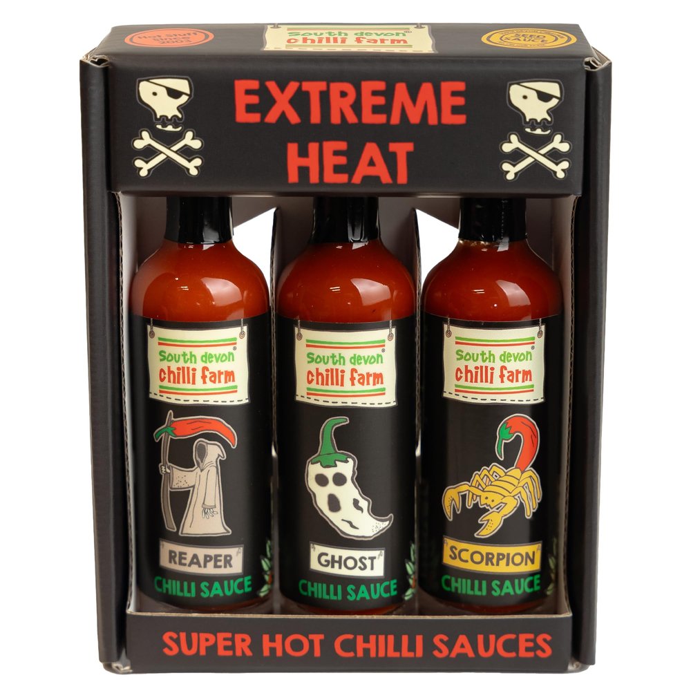 South Devon Chilli Farm Super Sauce Gift Set (3 x 50ml) - 3 Bottles of Our Super Spicy Range - Extreme Hot Sauce - Uses Ghost, Scorpion & Reaper Peppers - Maxium Heat - Gift Idea for Chilli Lovers