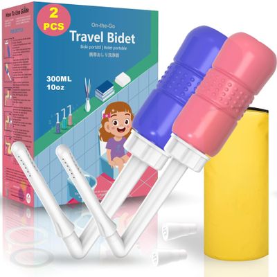 2Pcs-Pack Perineal Bottle for Postpartum Care - 300ml Portable Bidet for Travel with Water Seal Cap Angled Spout for Post Partum Pain Relief. Postpartum Essentials with Storage Bag,Blue+Pink