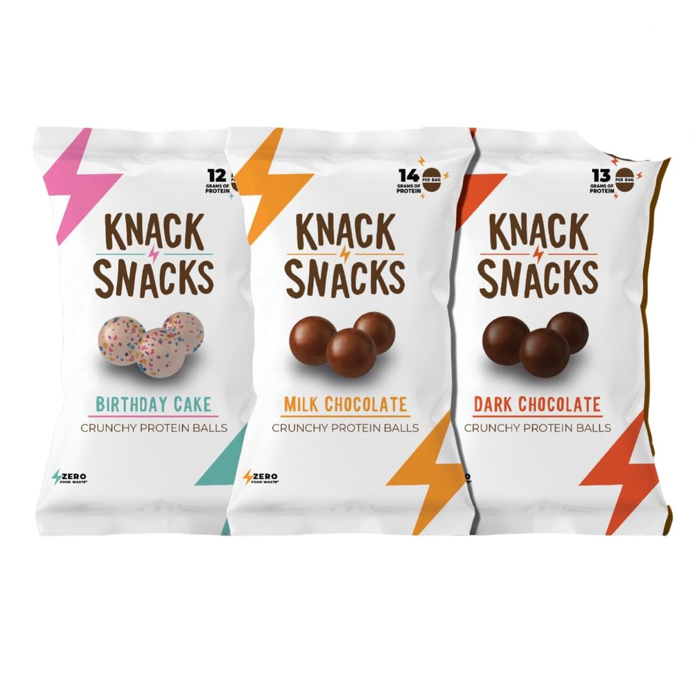 Knack Snacks Crunchy Protein Balls | Snack Pack | 3 x 34g Bags | 12-14g Protein Per Bag | Lower Sugar & Naturally Gluten Free Crunchy Chocolate Snack | Includes 3 Delicious Flavours