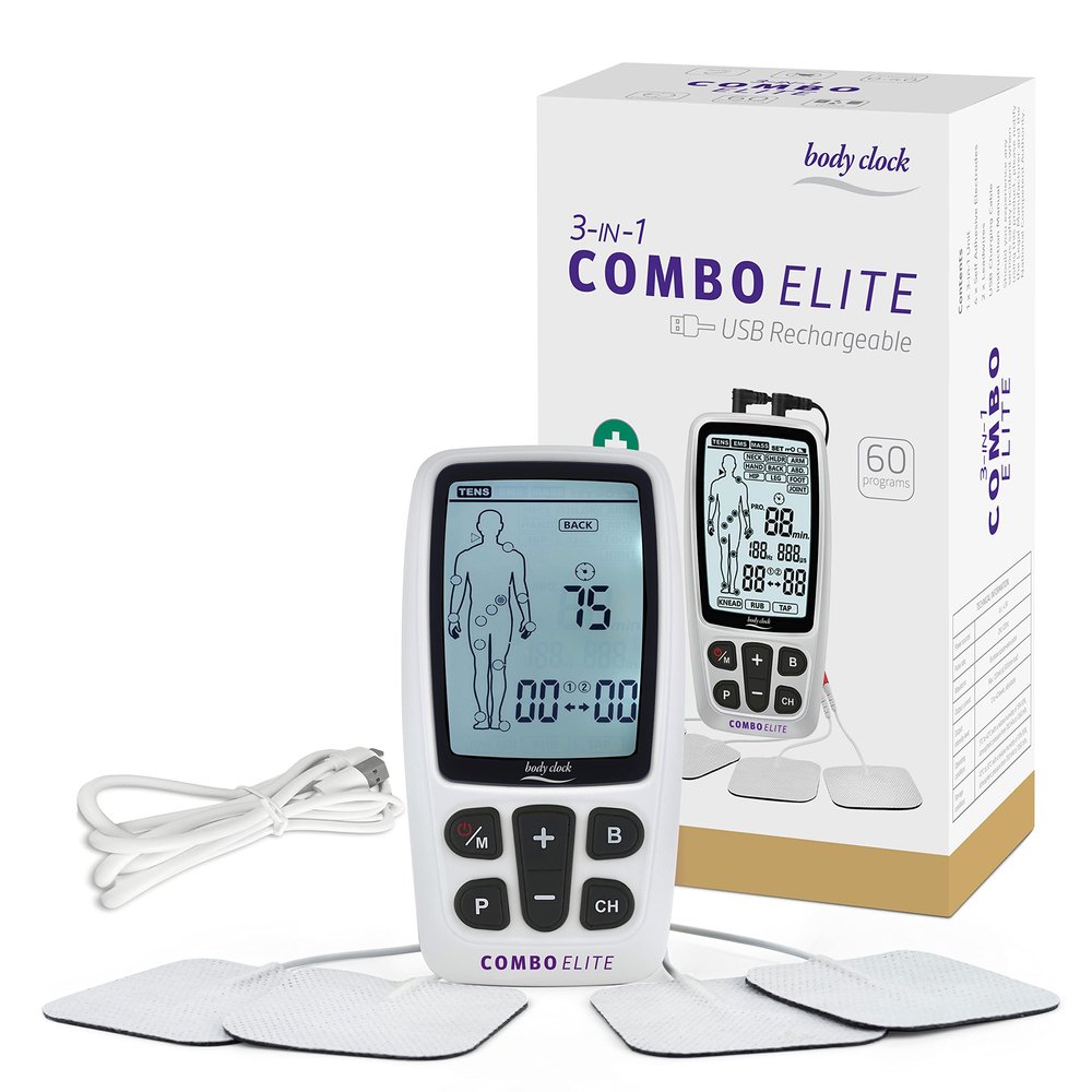 BODY CLOCK 3-in-1 Combo Elite TENS ELECTROTHERAPY - Digital TENS & EMS Machine | 3-in-1 TENS, Rehabilitation & Massage | 60 programmes | 2 Channels | Body Mapping | USB Rechargeable | 4 Pads
