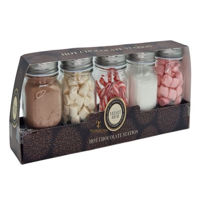 Hot Chocolate Station Kit - Christmas Hot Chocolate Gift Set In 5 Reusable Jars Containing Drinking Chocolate Mix Pink And White Hot Chocolate Marshmallows Candy Canes - Options Hot Chocolate Sets