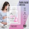 Folic Acid 400 mcg Vitamin B9 Pregnancy Care Maternal Tissue Growth During Immune System Support Energy Production Women Health 180 Vegan Tablets view 4