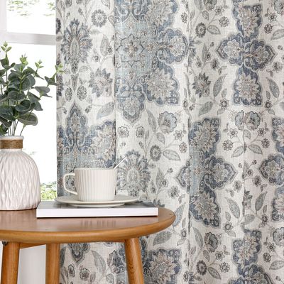 Navy Blue Vintage Medallion Floral Print Light Filtering Curtain, 54"x84"x2