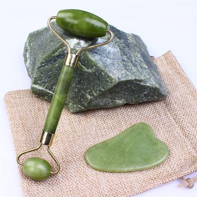 2PCS Jade Face Roller Gua Sha Stone Set Jade Roller Massage Roller with Gua Sha Scraper 100% Natural Stone Green for Chin, Nose Bridge, Eyes, Neck, Cheek, Back, Spa Eye Massage Noiseless Design