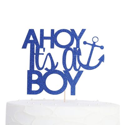 Baby Gender Reveal for Ahoy Its A BOY Cake Topper - Bule Glitter Cake Topper for Party, Decoration for Cake Topper, Its A BOY Sign Cake Flag,Photo Booth Props ,Unique Baby Shower Ideas