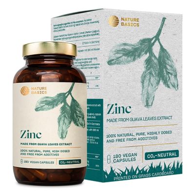 Nature Basics Zinc in a jar | 180 Vegan Capsules - 1.5 Month Supply | 10mg Natural zinc per Daily dose | Highly dosed with Guava Leaf Extract | Free from additives & CO2-neutral