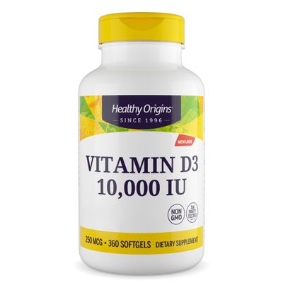 Healthy Origins, Vitamin D3, Softgels Each with 10,000 IU, 360 Capsules, Gluten-Free, Soy-Free, GMO-Free