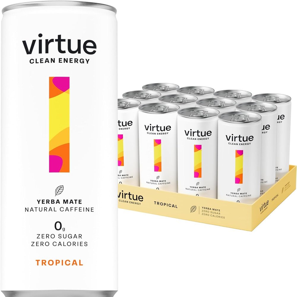 Virtue Yerba Mate - Natural Energy Drink - Sugar Free, Zero Calories, Vegan, Keto Friendly, Gluten Free - 12 x 250ml (Tropical)