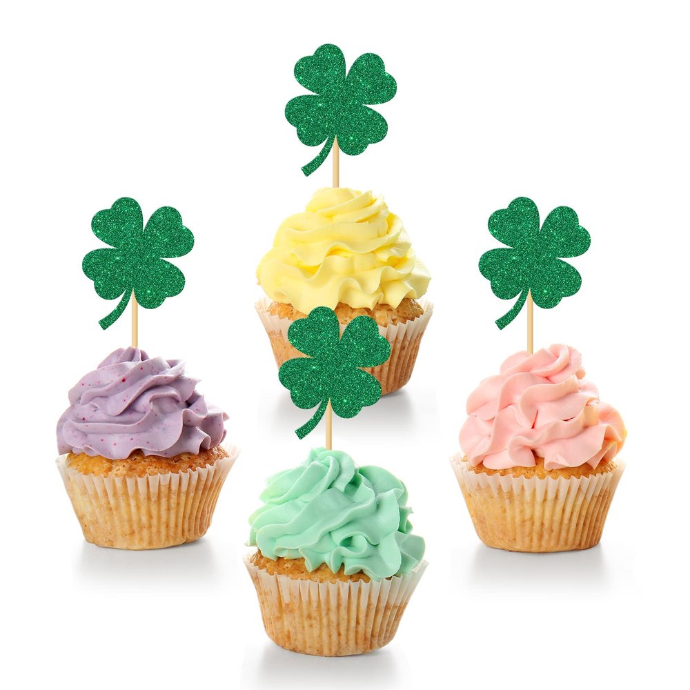 24 Pcs Four Leaf Clover Cupcake Toppers / Lucky Festival Cupcake Toppers / Baby Shower / St. Patrick's Day Party Birthday Party Cupcake Decorations / Green Glitter