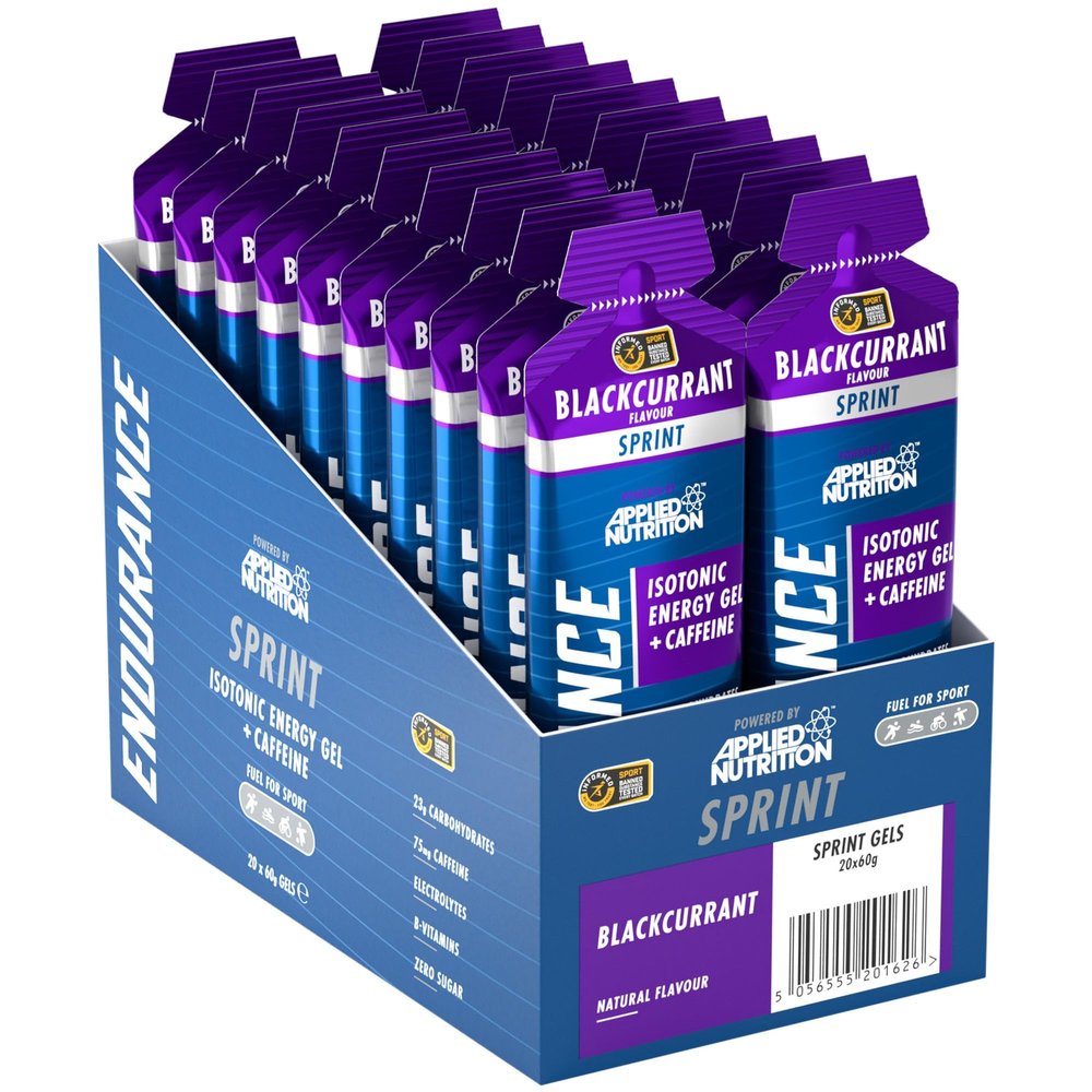 Sprint | Energy Gel with Caffeine | Easy to Digest | Zero Fat Zero Sugar | 23g Carbohydrates + Electrolytes & B-Vitamins (Pack of 20 x 60 gram) (20 Servings (Pack of 1), Blackcurrant)