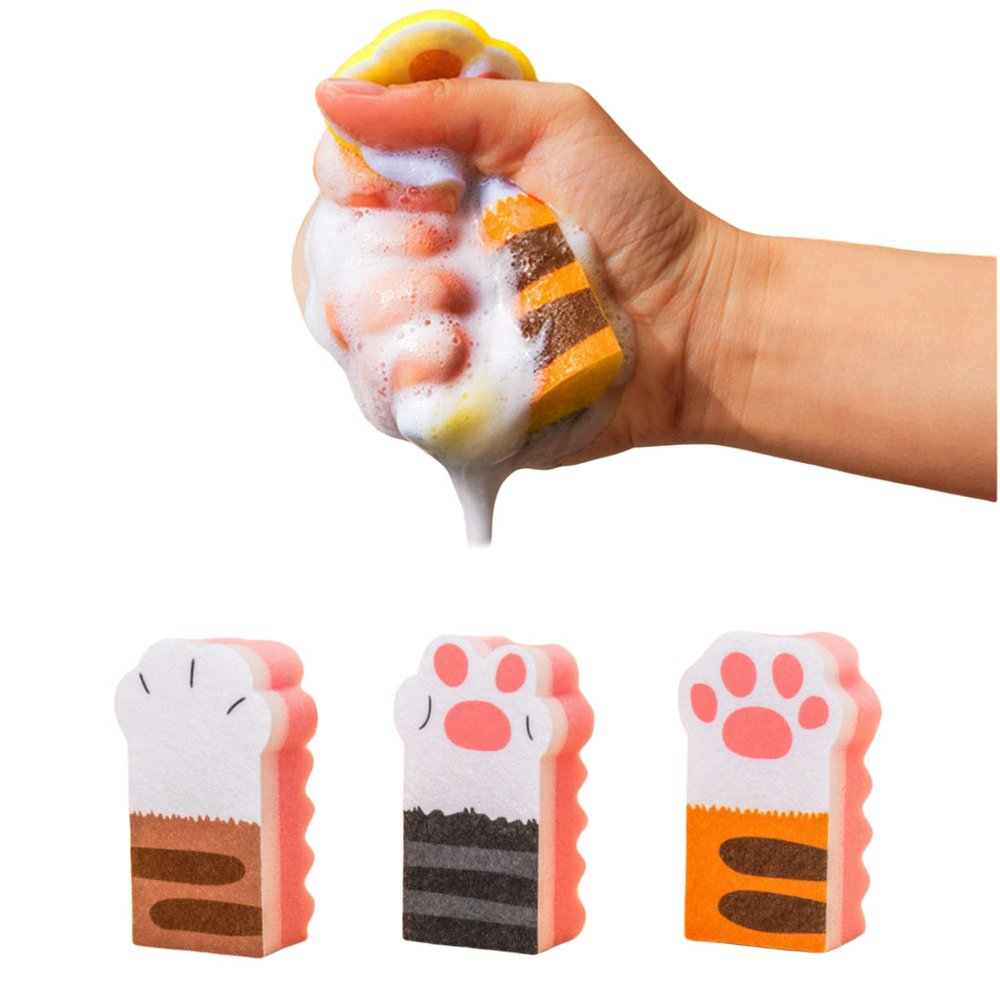 3pcs Cat Footprint Shape Cleaning Dish Sponge Set Scrubber Double-Sided Kitchen Cloth Scrubber for Dishwashing, Bathroom Plate