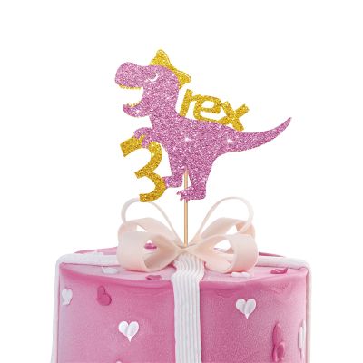 3 Rex Cake Topper, Dinosaur Three Cake Decor, Baby Girl Dinosaur 3rd Birthday Cake Topper, Dinosaur 3 Years Old Birthday Party Supplies - Pink & Gold Glitter