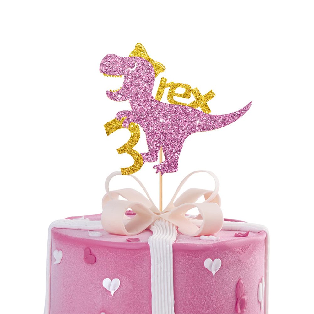 3 Rex Cake Topper, Dinosaur Three Cake Decor, Baby Girl Dinosaur 3rd Birthday Cake Topper, Dinosaur 3 Years Old Birthday Party Supplies - Pink & Gold Glitter