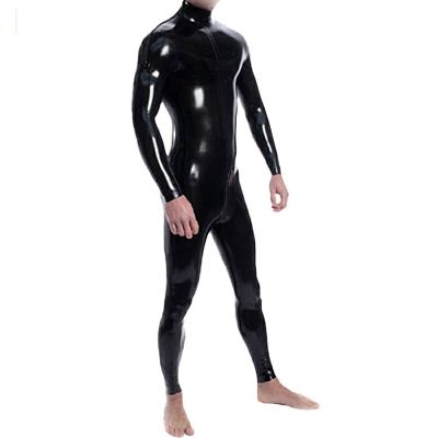 Handmade Double Shoulders Zipper Men's Full Body Design Sexy Latex Tight Jumpsuit Rubber Catsuit Clothing with Crotch Zip,Transparent Purple,XL