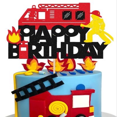 WishFirst Fireman Cake Topper Happy Birthday Sign Cake Decorations Fire Truck Firefighter Themed for Adults Man Kids Boys Girls Baby Shower Birthday Party Supplies Sparkle Decor