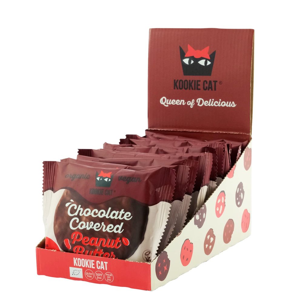 Kookie Cat Peanut Butter with Chocolate Coating - Individually Wrapped Vegan Cookies, Gluten Free, Soy Free, Bio and Organic, Cashew & Oats - 12 x 50g Multipack
