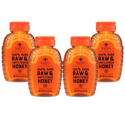 Nature Nates Honey Stocking Stuffer 100% Pure Raw & Unfiltered Honey For The Holidays All Natural Sweetener 8 oz Squeezable Bottle (4 Pack)