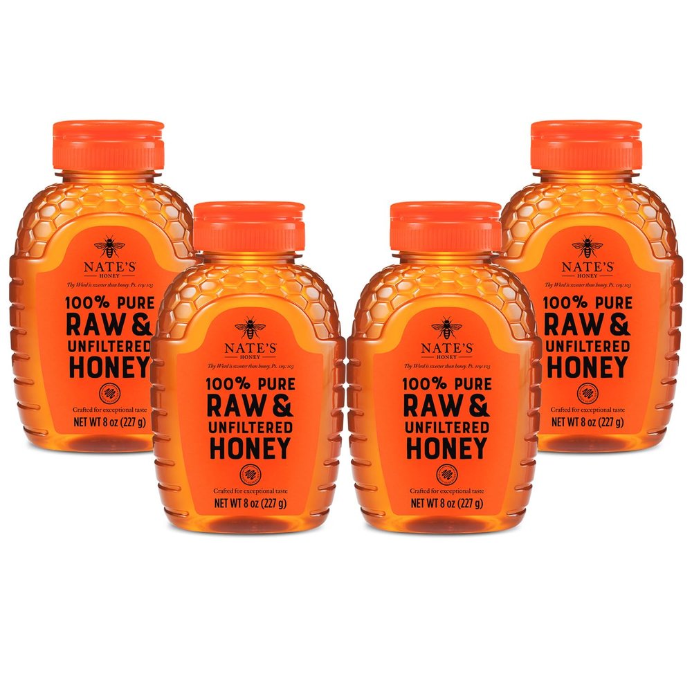Nature Nates Honey Stocking Stuffer 100% Pure Raw & Unfiltered Honey For The Holidays All Natural Sweetener 8 oz Squeezable Bottle (4 Pack)