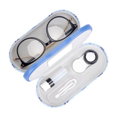 Muf 2 in 1 Contact Lens Case and Glasses Case,Double Sided Dual Use Design,Leak Proof & Portable,Tweezer and Contact Lens Solution Bottle Included for Travel Kit(Blue Plaid)
