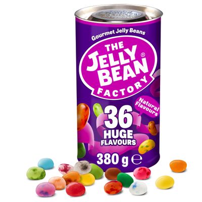 The Jelly Bean Factory, Jelly Beans Gift 380 g Can, Gluten Free Sweets, Birthday - 36 Natural, Huge Fruit Flavours, Chewy, Retro American Sweets for Kids, Adults - Gourmet Pick and Mix Jellybeans