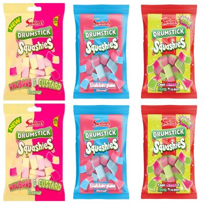 Kingdom Supplies Swizzels Squashies Sweet Party NEW Bundle 6 Packs x 160g each Drumstick Squashies Sour Cherry and Apple Flavour, Bubblegum Flavour, New Rhubarb and Custard Flavour