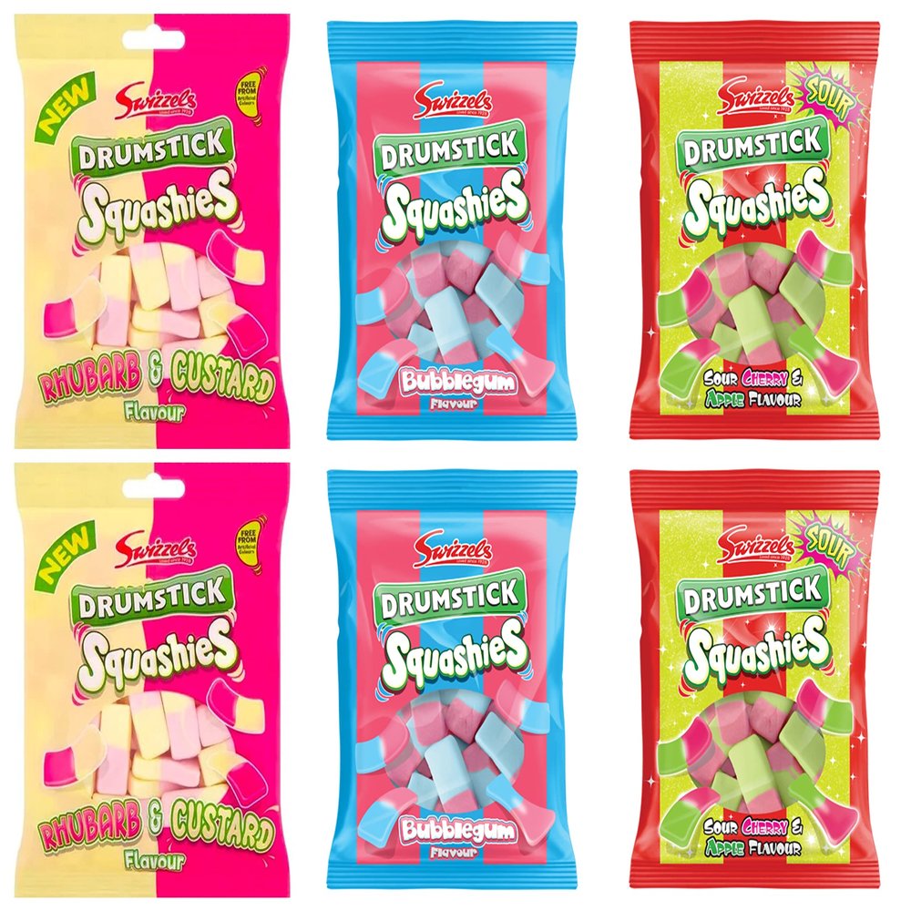 Kingdom Supplies Swizzels Squashies Sweet Party NEW Bundle 6 Packs x 160g each Drumstick Squashies Sour Cherry and Apple Flavour, Bubblegum Flavour, New Rhubarb and Custard Flavour
