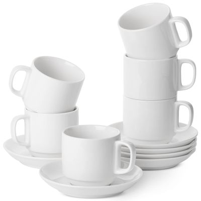 BTaT- Stackable Tea Cups and Saucers, White, Set of 6 (8 oz), Cappuccino Cups, British Coffee Cups, Porcelain Tea Set