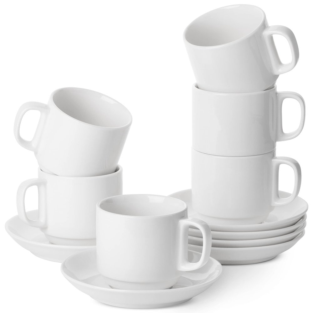 BTaT- Stackable Tea Cups and Saucers, White, Set of 6 (8 oz), Cappuccino Cups, British Coffee Cups, Porcelain Tea Set