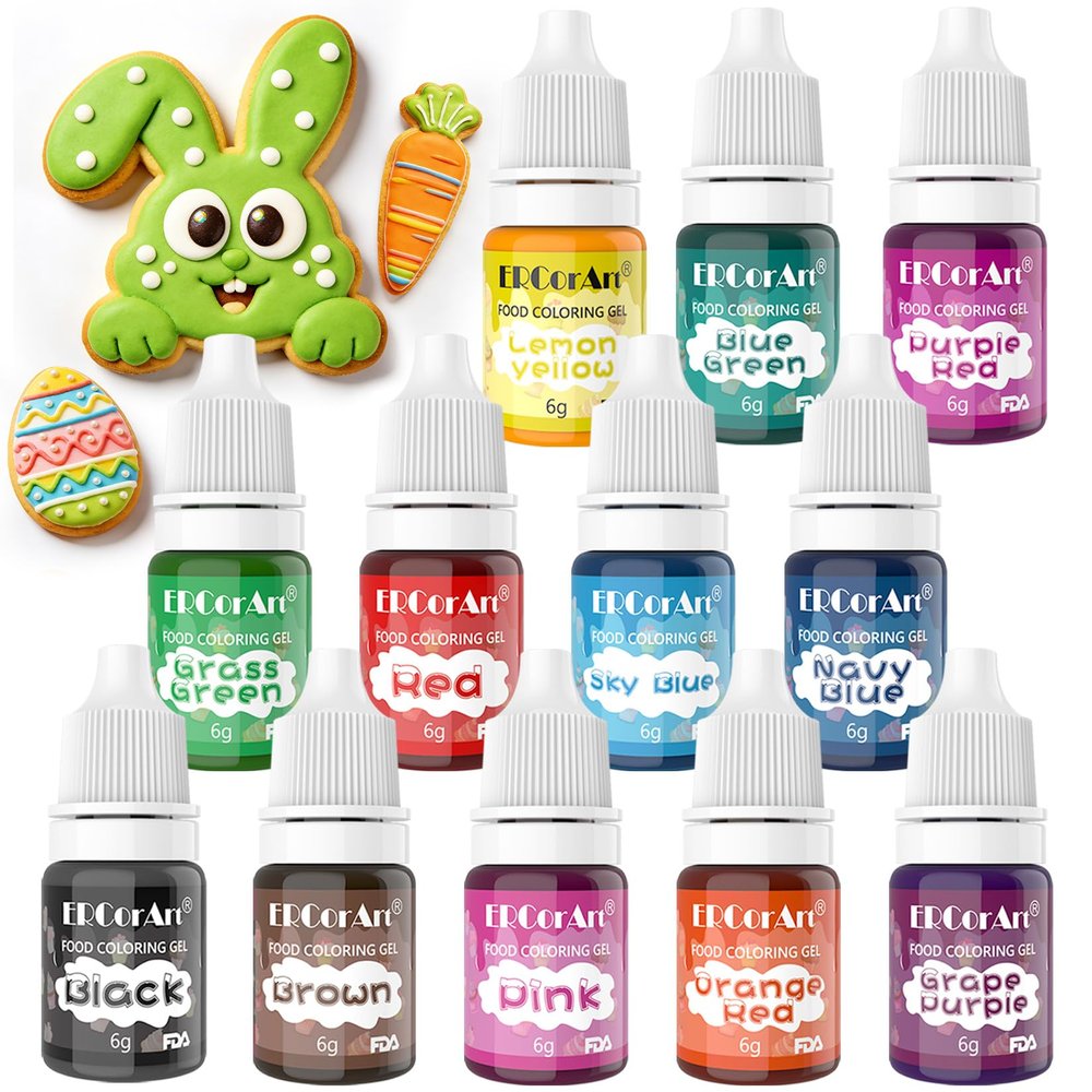 12 Colours Gel Food Colouring - Icing Gel Colours Set with Gloves, Food Colouring for Cake Decorating, Baking, Macarons, Buttercream, Easter Eggs and DIY Crafts -Vegan, Non Gluten (6 g Each)