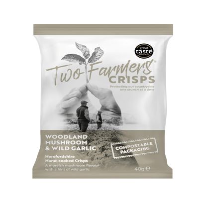 Two Farmers Crisps, Woodland Mushroom & Wild Garlic Hand Cooked Crisps, Vegan and Vegetarian, Gluten Free, 100% Compostable Bags, 24 x 40g